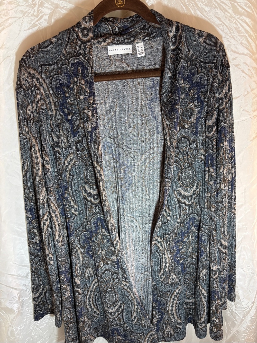 Susan Graver Navy and Gray Paisley Open-Front Cardigan